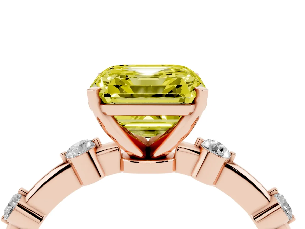 Fancy Yellow Asscher Cut Solitaire Diamond Ring with Bezel Set Side Stones and Prong Setting Rose gold