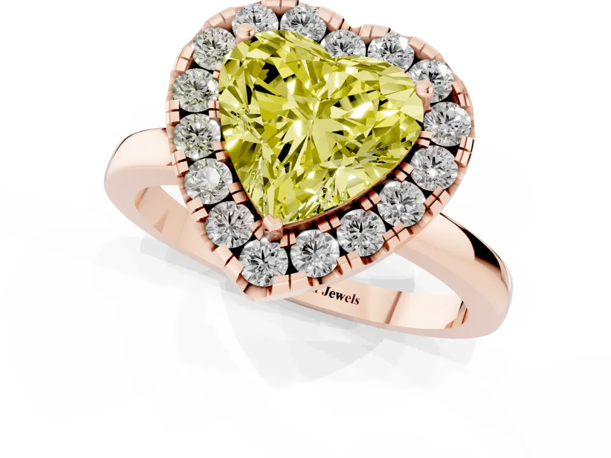 Fancy Yellow Heart Cut Halo Diamond Solitaire with Pavé Band and Four-Prong Setting Rose gold