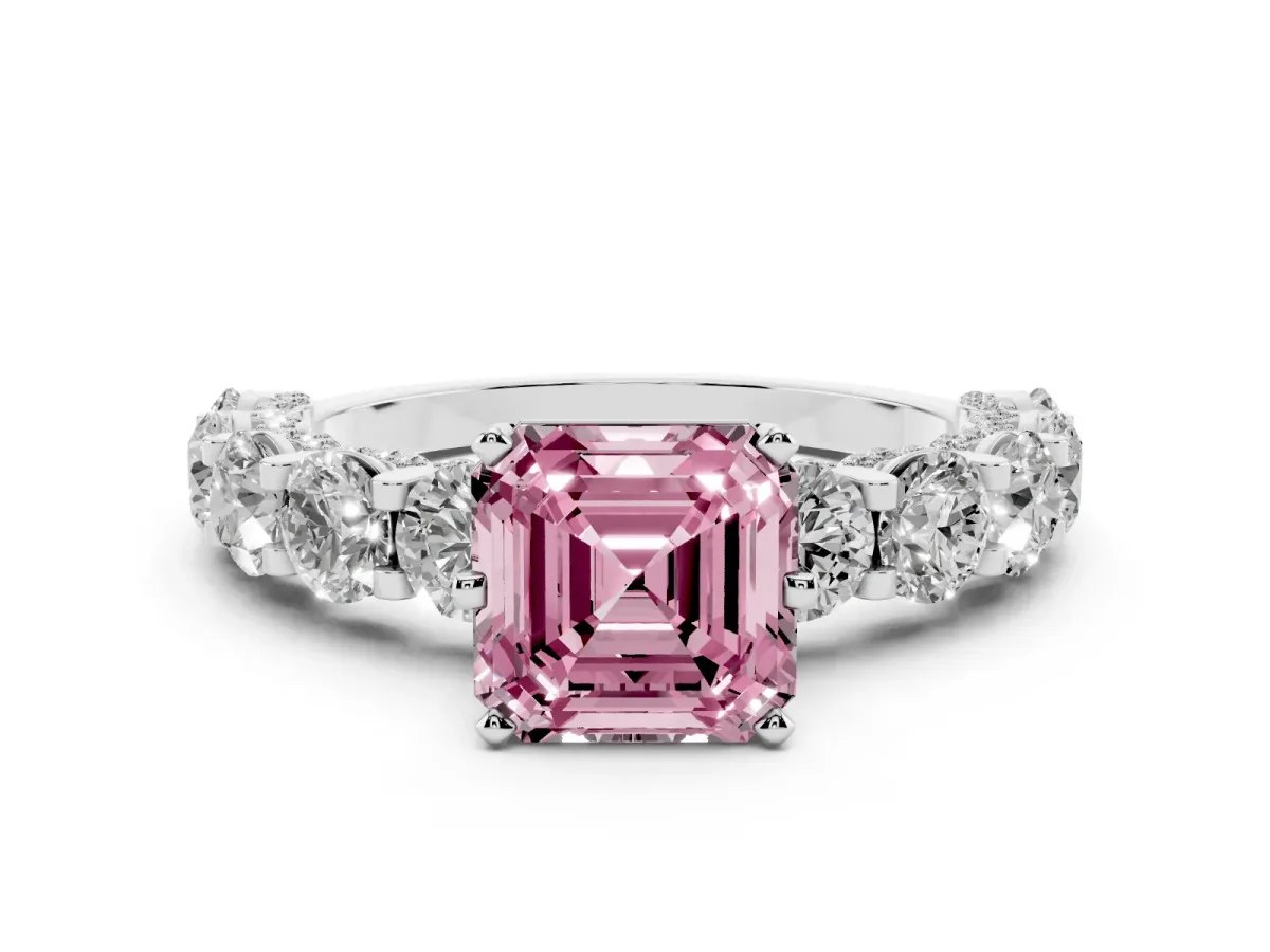 Fancy Pink Asscher Cut Diamond Side Stone Engagement Ring with Four-Prong Setting Platinum