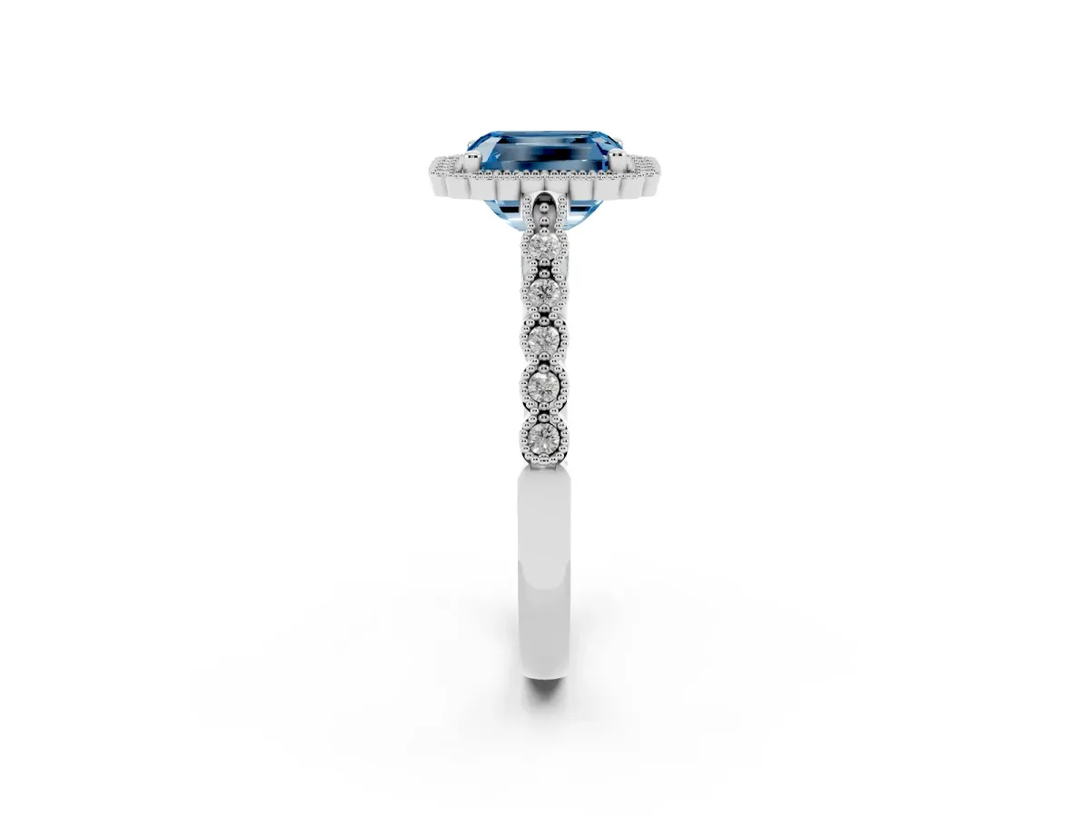 Fancy Blue Radiant Cut Cut Halo Pavé Solitaire Ring with Milgrain Band Silver