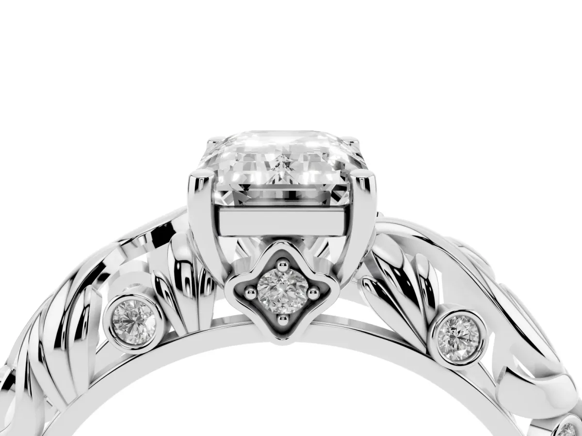 Emerald Cut Solitaire Diamond Leaf-Inspired Vine Band Ring with Prong Setting Platinum