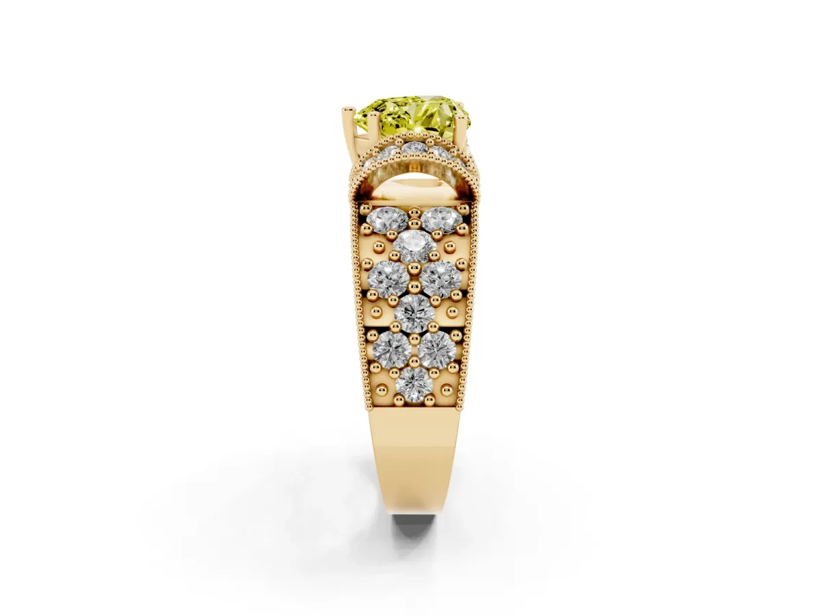 Fancy Yellow Heart Cut Halo Pave Diamond Engagement Ring with Milgrain Detailing Yellow gold