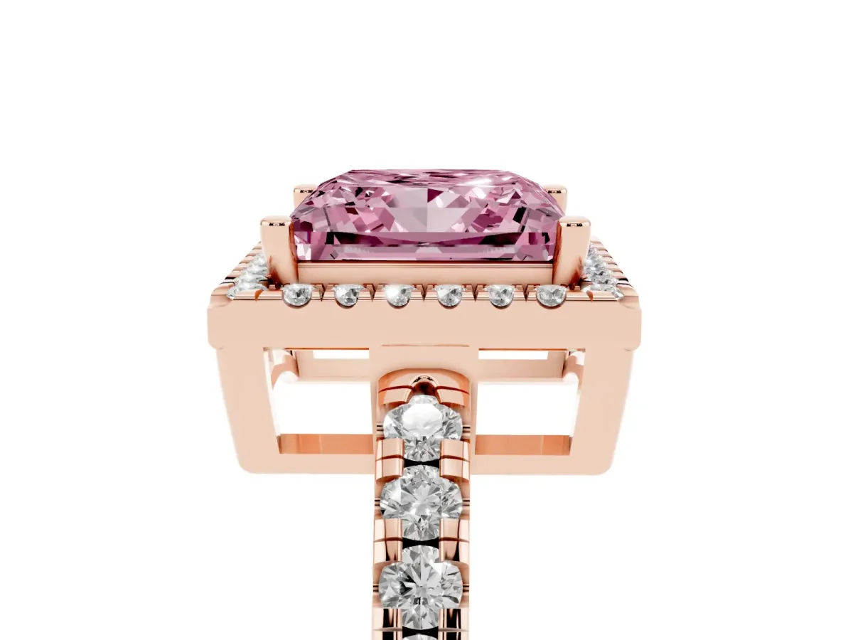 Fancy Pink Princess Cut Diamond Halo Ring with Pavé Band and Four-Prong Setting Rose gold