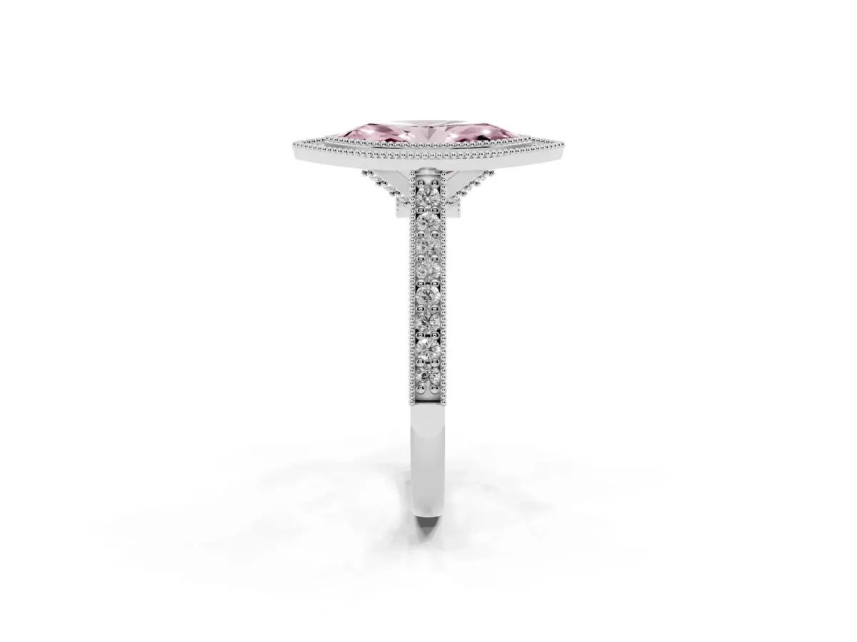 Fancy Pink Halo Marquise Cut-Cut Diamond Pave Band Milgrain Prong Setting Ring Silver