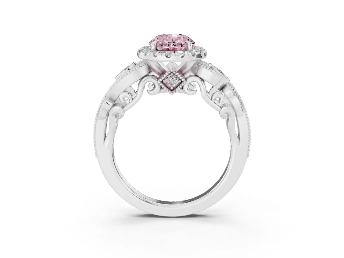 Fancy Pink Oval Cut Diamond Halo Ring with Milgrain Pavé Band and Four-Prong Setting Silver