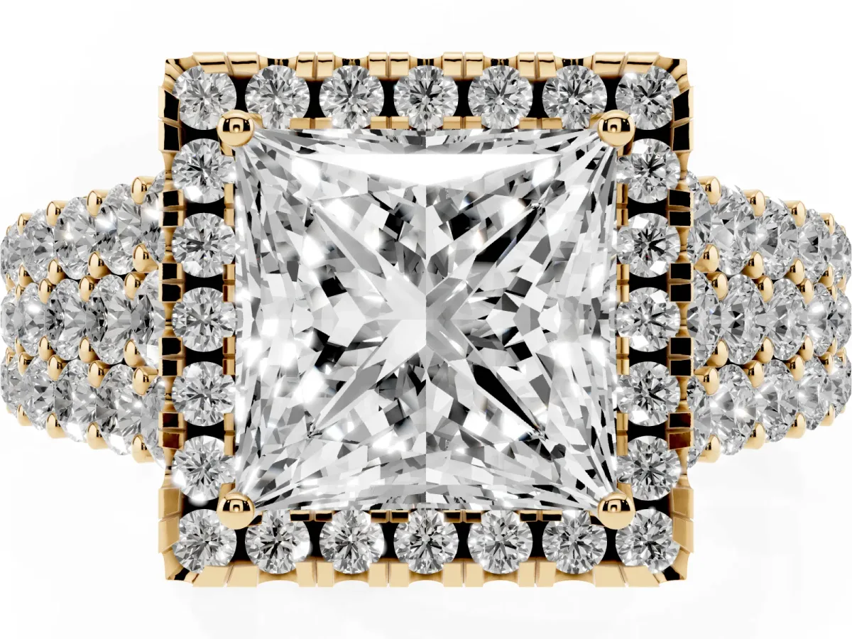 Princess Cut Diamond Halo Engagement Ring with Triple Row Round Pavé Band and Prong Setting Yellow gold
