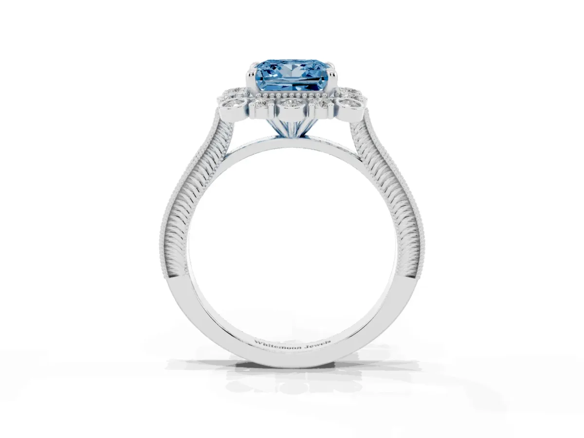 Fancy Blue Princess Cut Halo Milgrain Pave Diamond Ring with Four-Prong Setting Silver