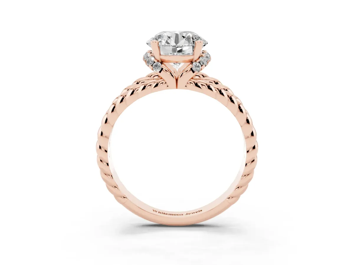 Round Cut Halo Twisted Band Four-Prong Ring Rose gold