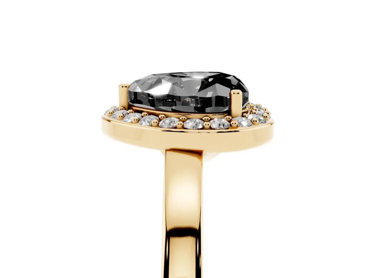 Fancy Black Heart Cut Halo Diamond Ring with Solitaire Band and Prong Setting Yellow gold