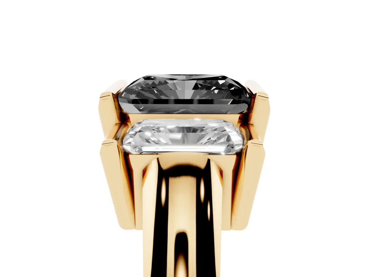 Fancy Black Three Stone Radiant Cut Cut Channel Set Diamond Ring Yellow gold