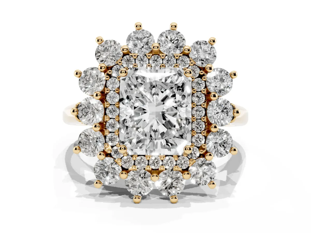Radiant Cut Diamond Floral Double Halo Engagement Ring with Prong Setting Yellow gold