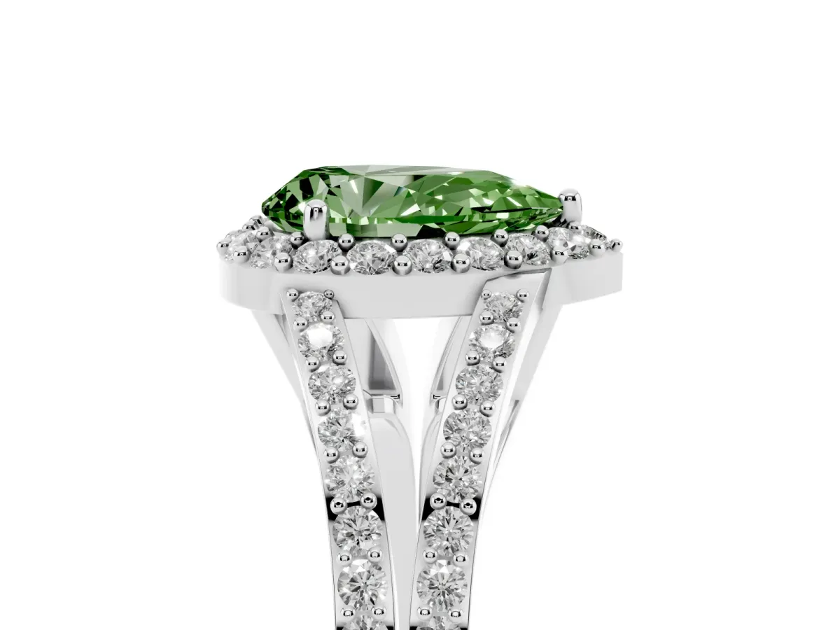 Fancy Green Pear Cut Halo Split Shank Diamond Ring with Prong Setting Silver