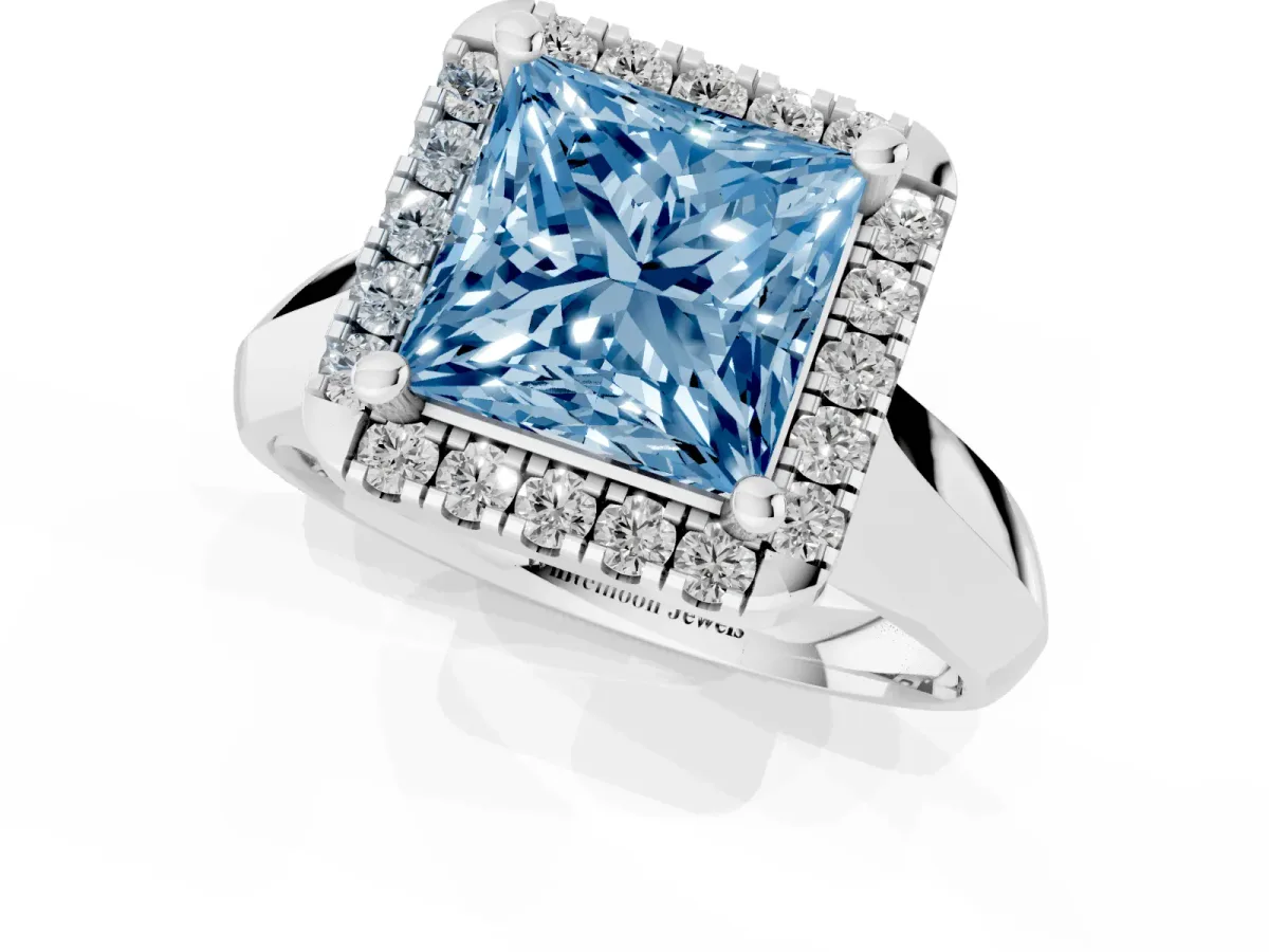 Fancy Blue Princess Cut Cut Halo Solitaire Engagement Ring with Square Band and Four-Prong Setting Silver