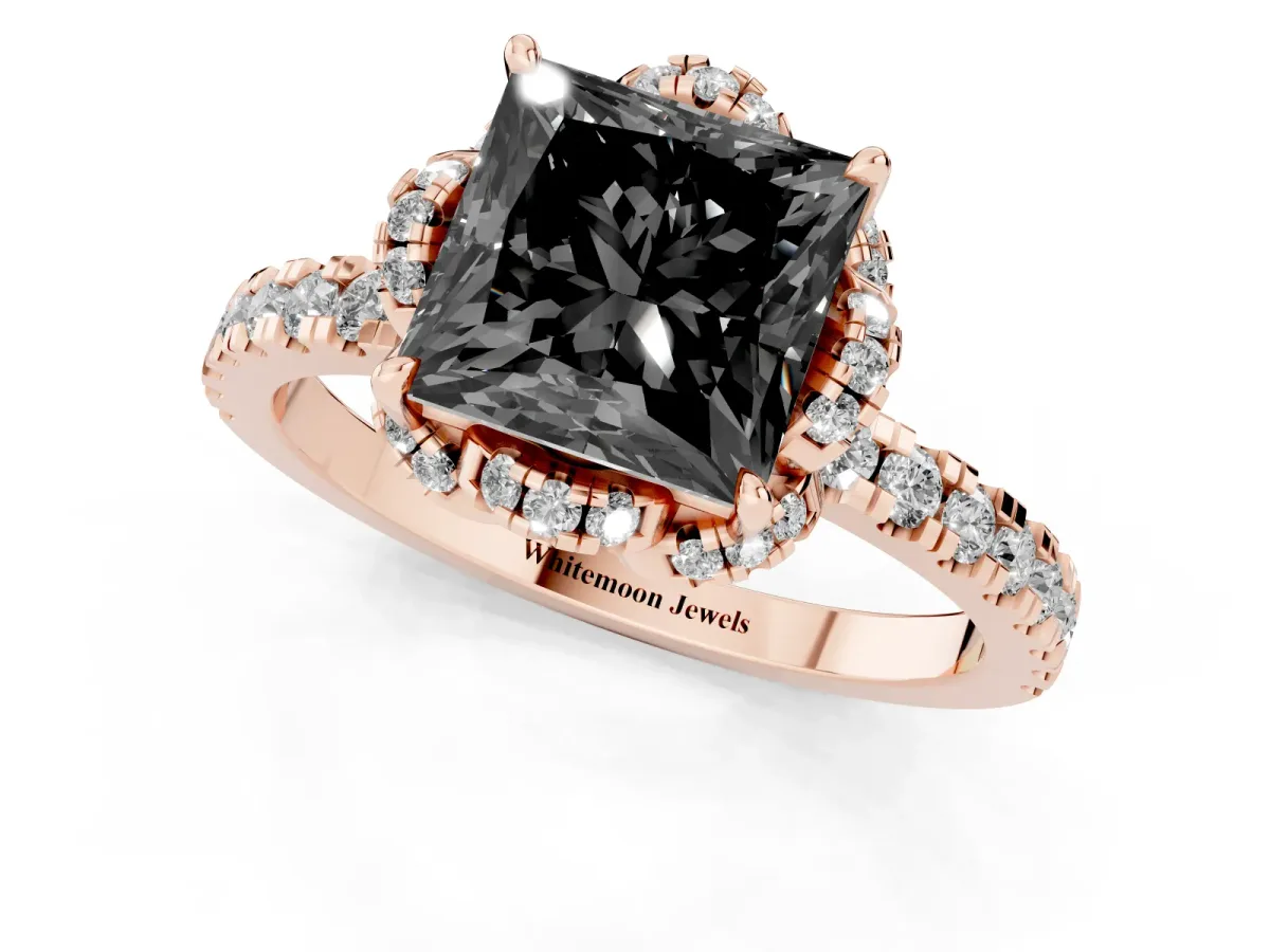 Fancy Black Princess Cut Diamond Halo Pave Band with Four-Prong Setting Rose gold