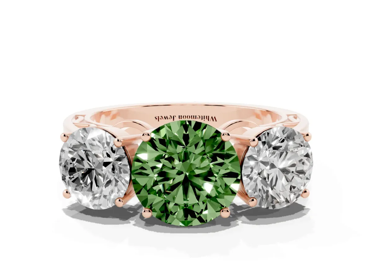 Fancy Green Round Cut Diamond Three-Stone Ring with Prong Setting and Textured Band Rose gold