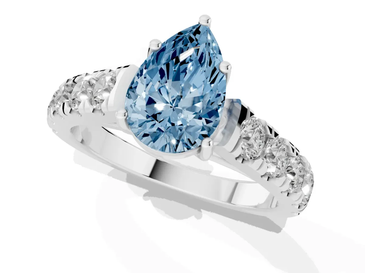 Fancy Blue Pear Cut Cut Diamond Solitaire Ring with Micro Pave Band and Prong Setting Silver