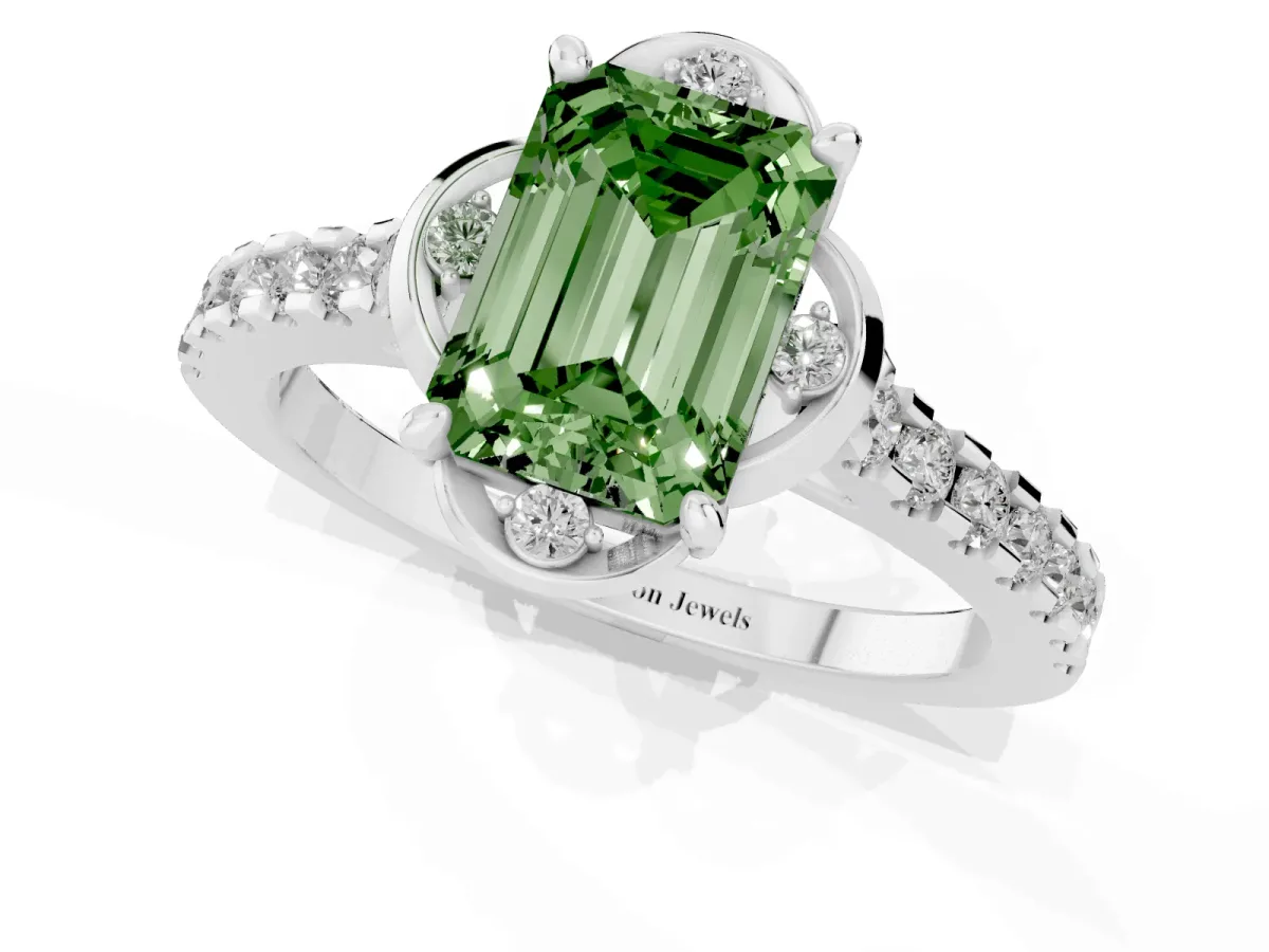 Fancy Green Emerald Cut Diamond Ring with Pavé Band and Floral Prong Setting Silver