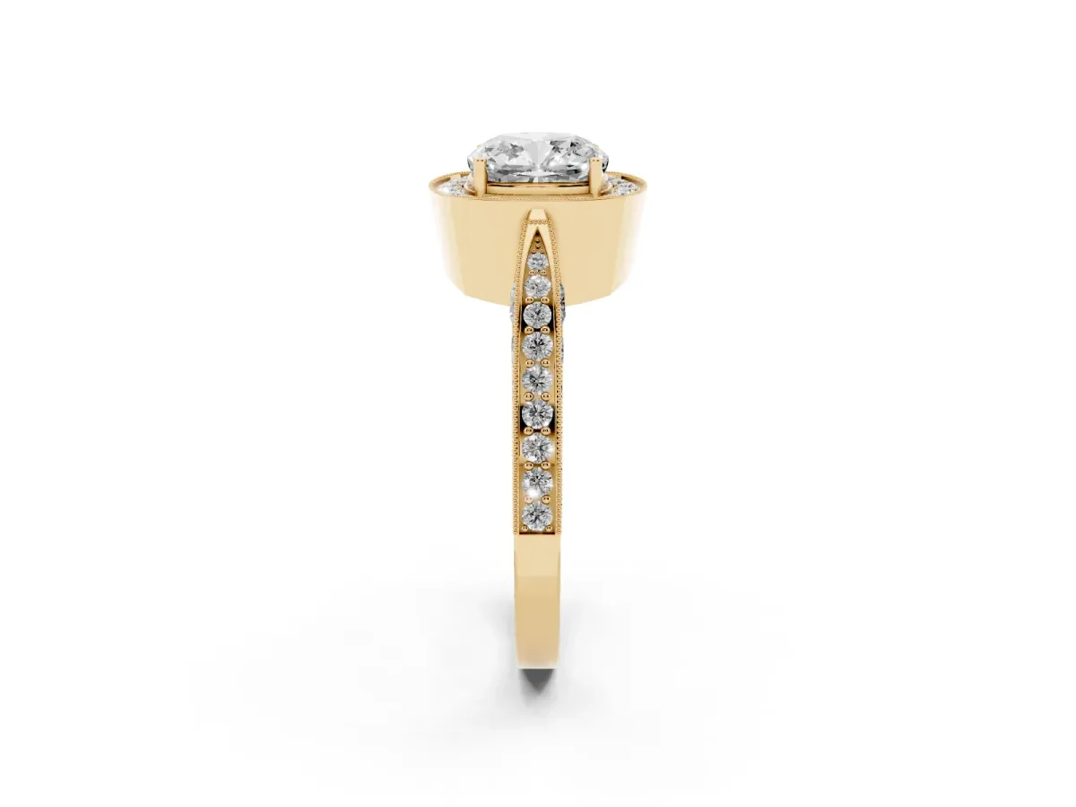 Cushion Cut Halo Diamond Engagement Ring with Split Shank Band and Four-Prong Setting Yellow gold