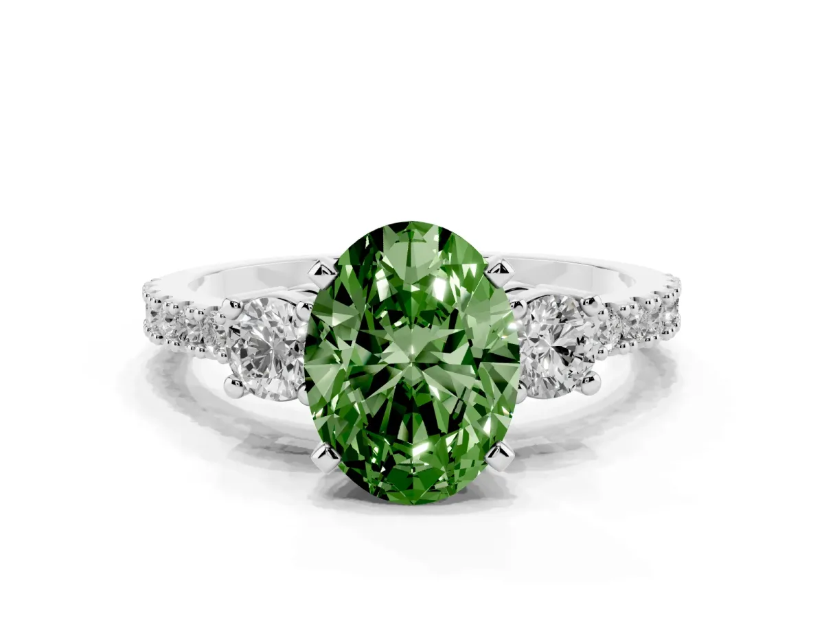 Fancy Green Oval Cut Three-Stone Diamond Pavé Band with Prong Setting Platinum