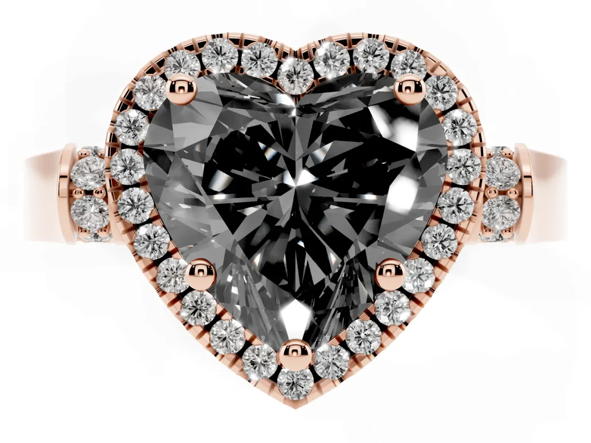 Fancy Black Heart Cut Halo Round Diamond Twist Band with Four-Prong Setting Rose gold