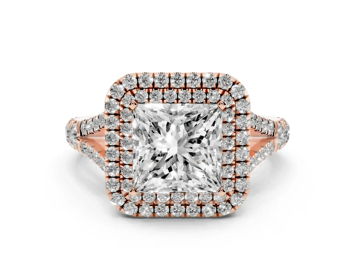 Princess Cut Diamond Double Halo Ring with Split Shank and Prong Setting Rose gold