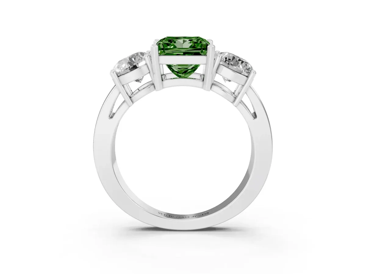 Fancy Green Three-Stone Princess Cut Diamond Ring with Round Side Stones, Classic Band, and Four-Prong Setting Silver