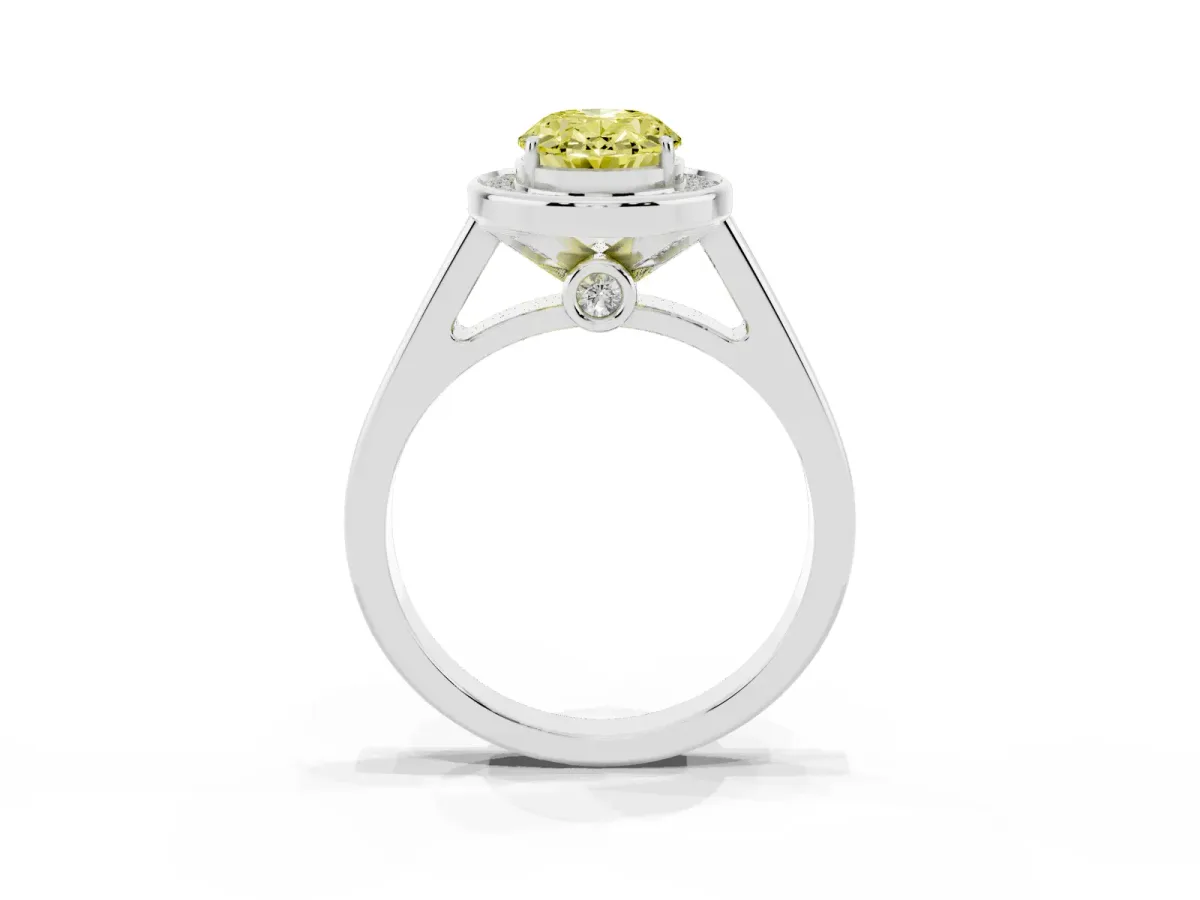 Fancy Yellow Oval Cut Halo Solitaire Diamond Ring with Pave Band and Bezel Setting Platinum