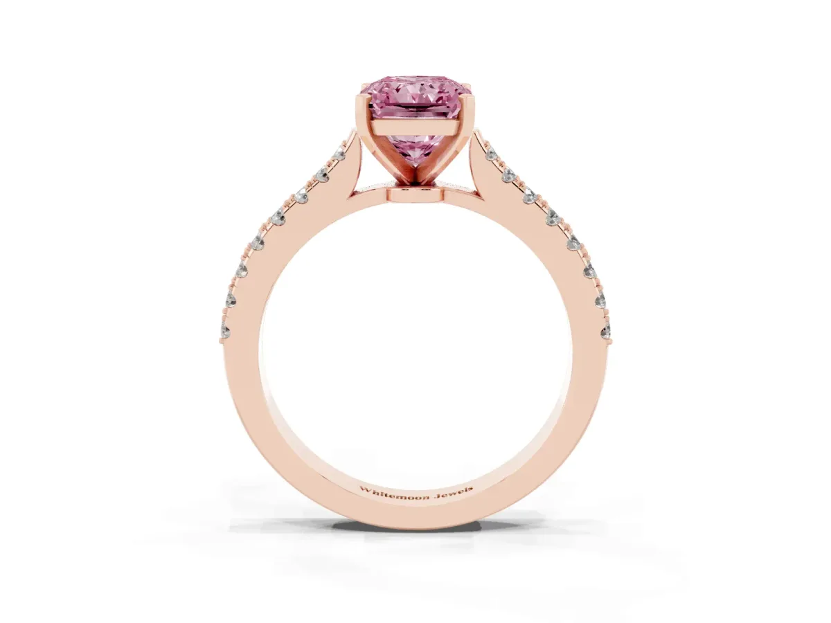 Fancy Pink Radiant Cut Cut Solitaire Diamond Engagement Ring with Pave Band and Four-Prong Setting Rose gold