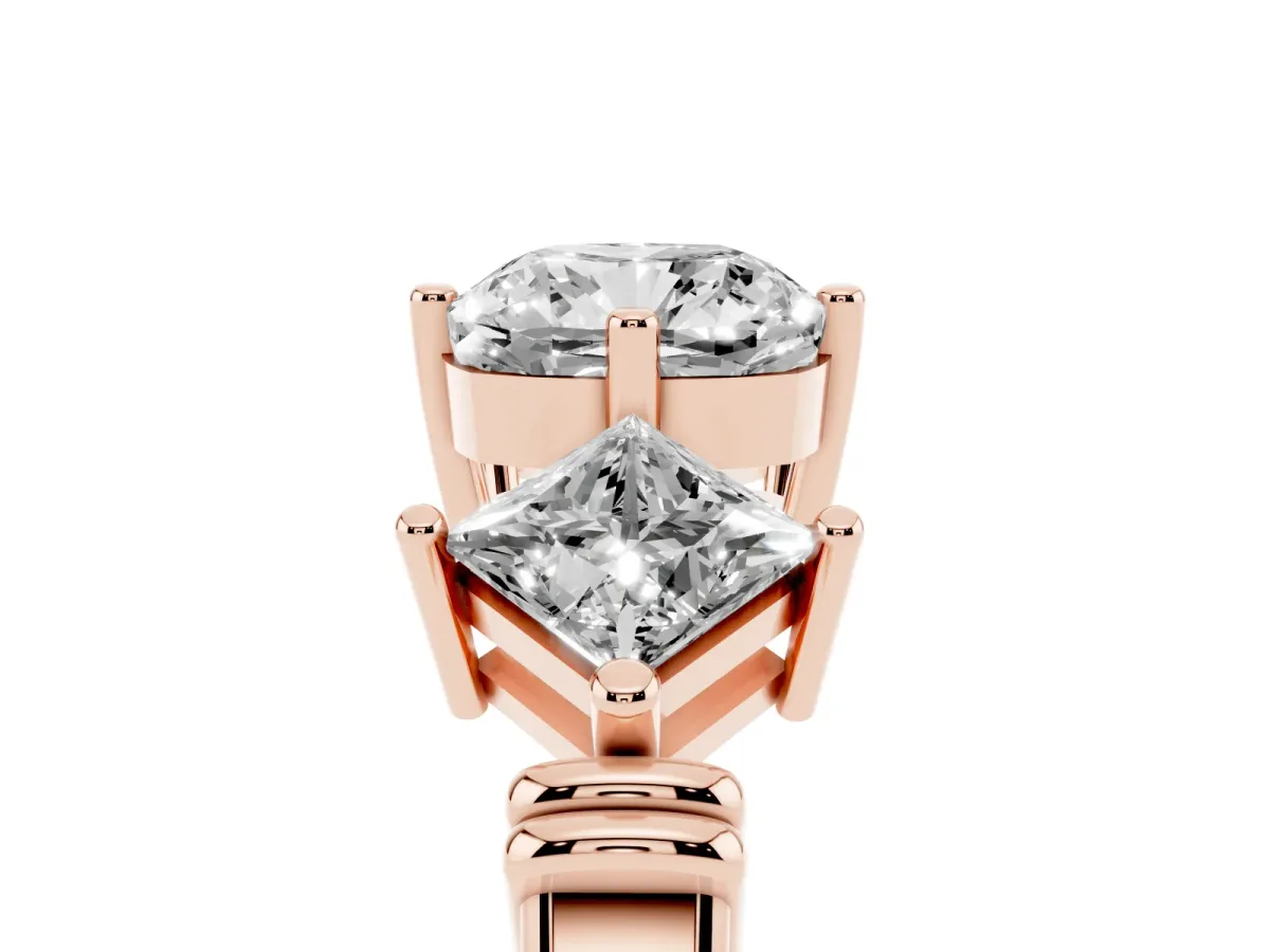 Three-Stone Cushion Cut and Princess Cut Diamond Ring with Channel Band and Four-Prong Setting Rose gold