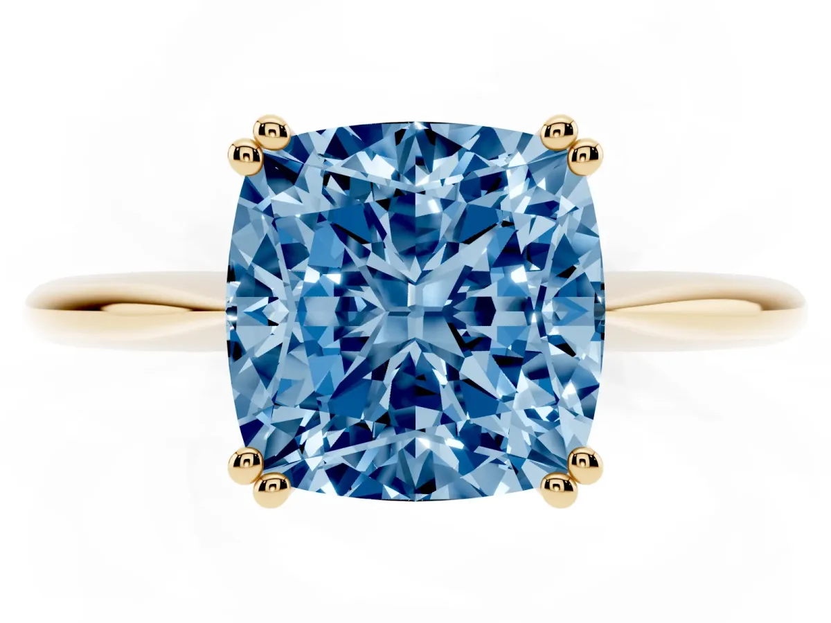 Fancy Blue Cushion Cut Solitaire Diamond Ring with Six-Prong Setting and Classic Band Yellow gold