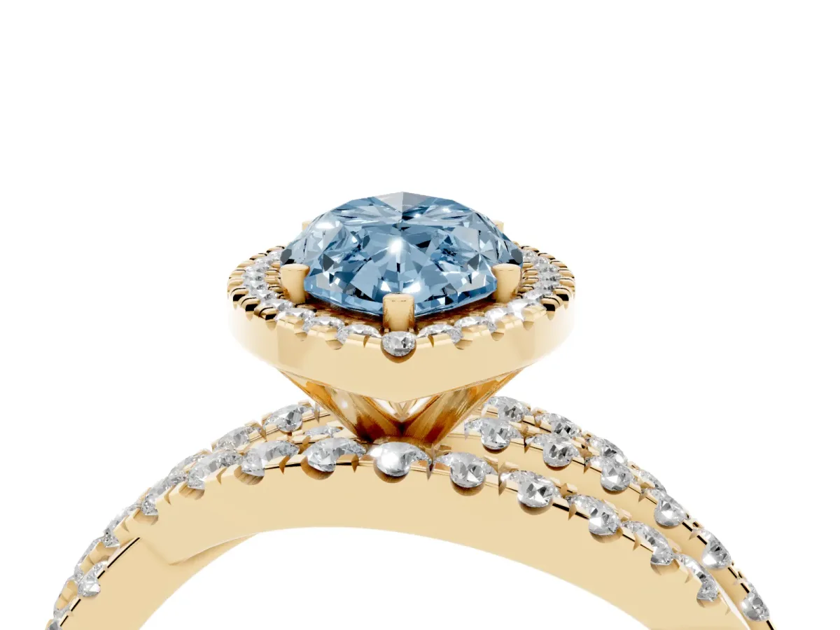 Fancy Blue Marquise Cut Diamond Halo Ring with Round Split Shank and Prong Setting Yellow gold
