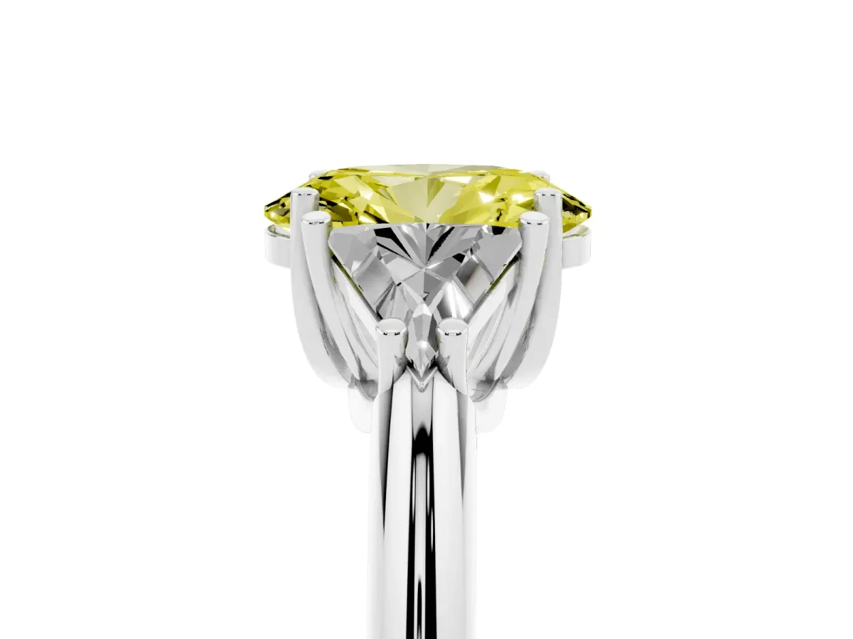 Fancy Yellow Three-Stone Oval Cut Diamond Engagement Ring with Trillion Side Stones and Prong Setting Silver