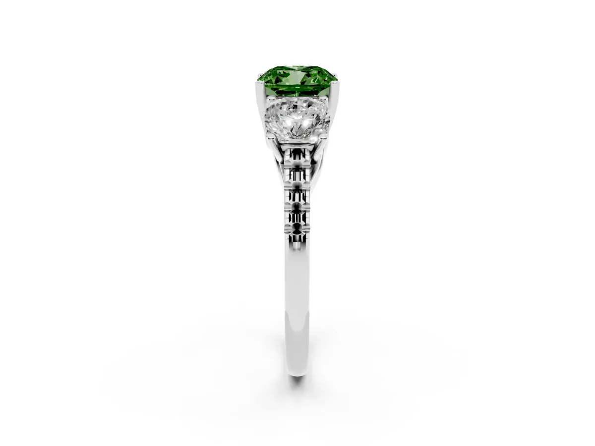 Fancy Green Three-Stone Cushion Cut Diamond Ring with Round Pavé Band and Prong Setting Silver