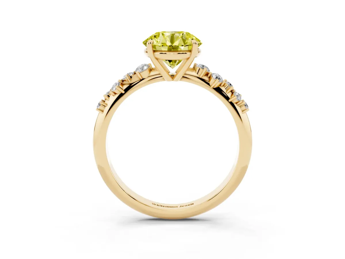 Fancy Yellow Round Cut Diamond Cluster Side Stone Solitaire Ring with Prong Setting Yellow gold