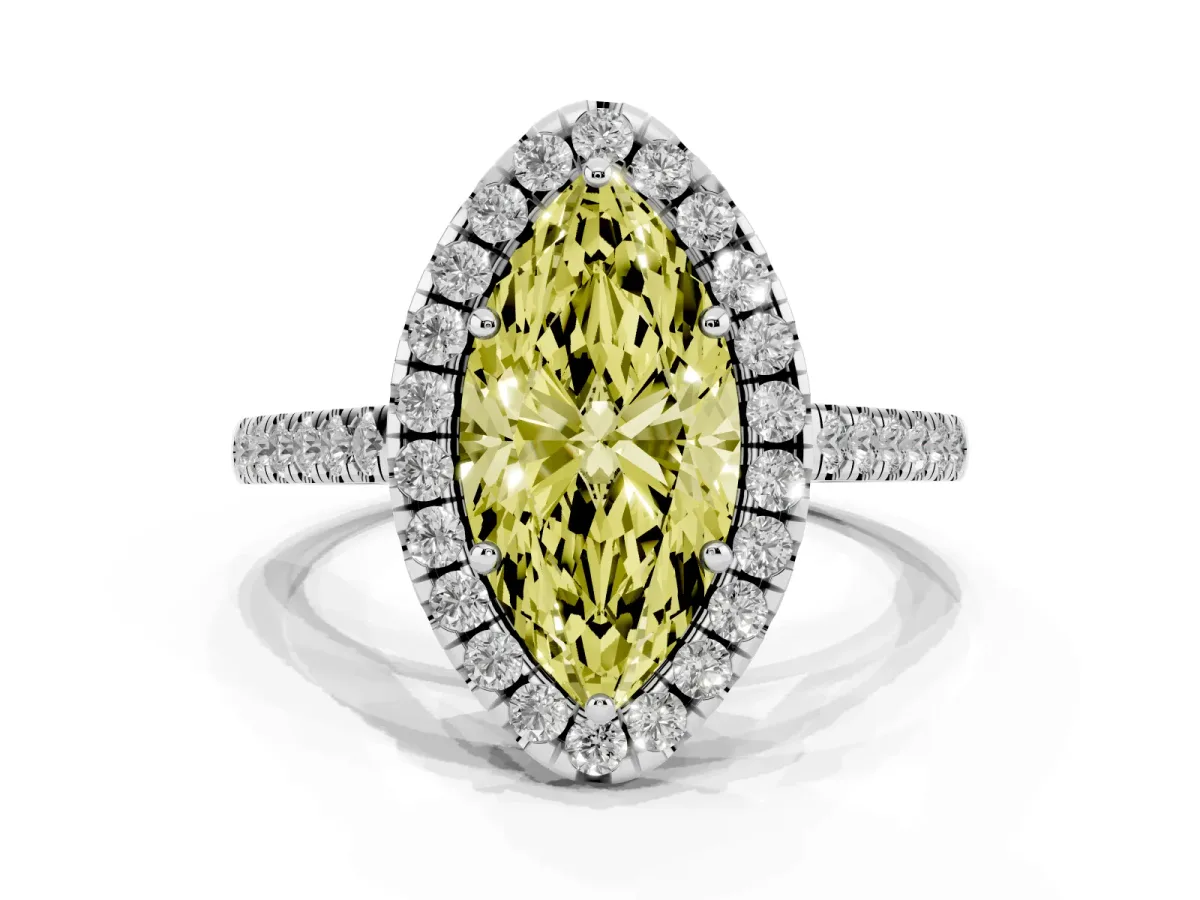 Fancy Yellow Marquise Cut Halo Pavé Diamond Engagement Ring with Four-Prong Setting Silver