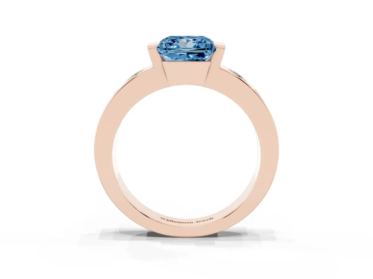 Fancy Blue Princess Cut Brilliant Channel-Set Diamond Ring with Bezel Prong Setting Rose gold