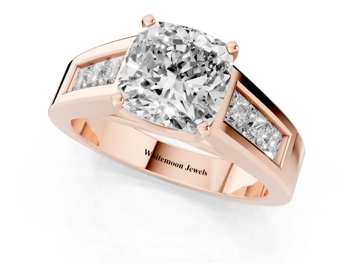 Cushion Cut Cut Channel Set Solitaire Ring with Four-Prong Setting Rose gold