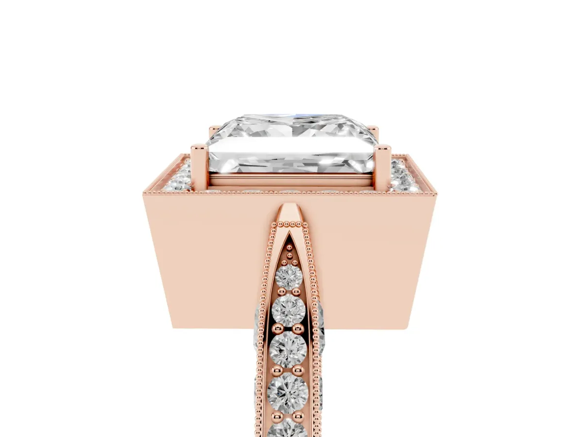 Princess Cut Halo Diamond Engagement Ring with Split Shank Band and Four-Prong Setting Rose gold