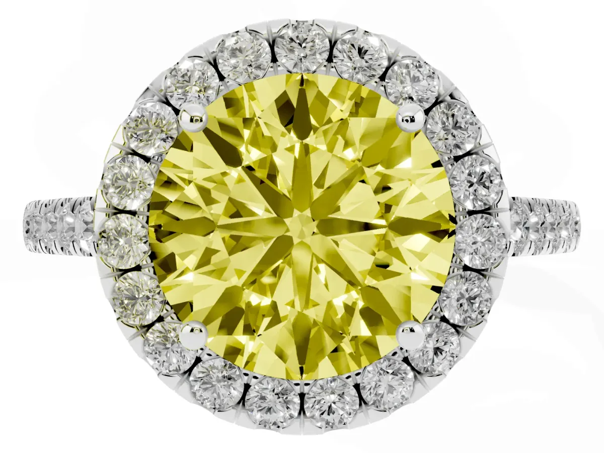 Fancy Yellow Round Cut Halo Pave Diamond Engagement Ring with Four-Prong Setting White gold