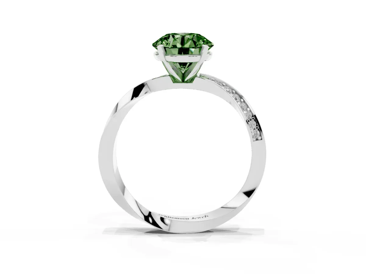 Fancy Green Round Cut Diamond Engagement Ring with Side Stone Accents and Four-Prong Setting White gold