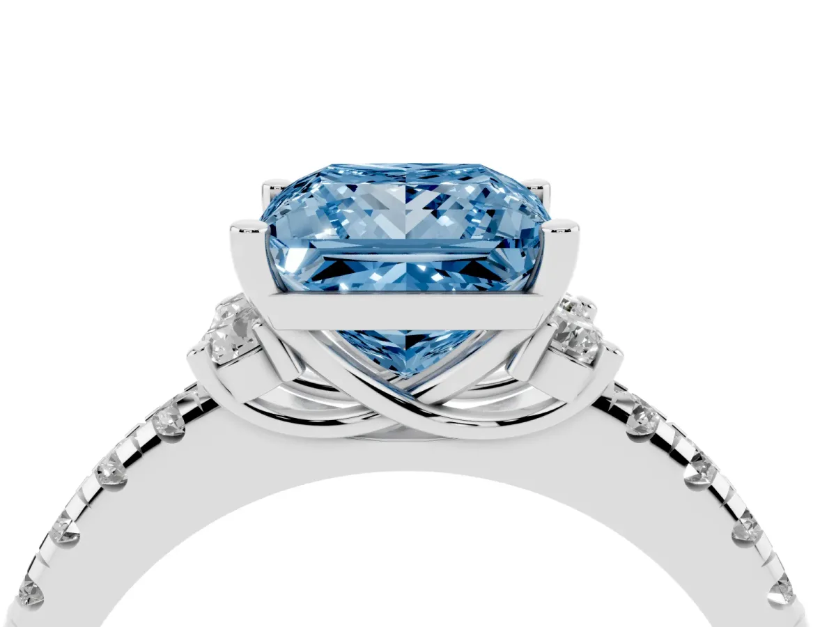 Fancy Blue Princess Cut Diamond Three-Stone Pave Band with Four-Prong Setting Silver