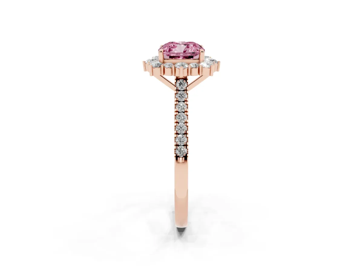 Fancy Pink Cushion Cut Halo Diamond Ring with Pavé Band and Prong Setting Rose gold