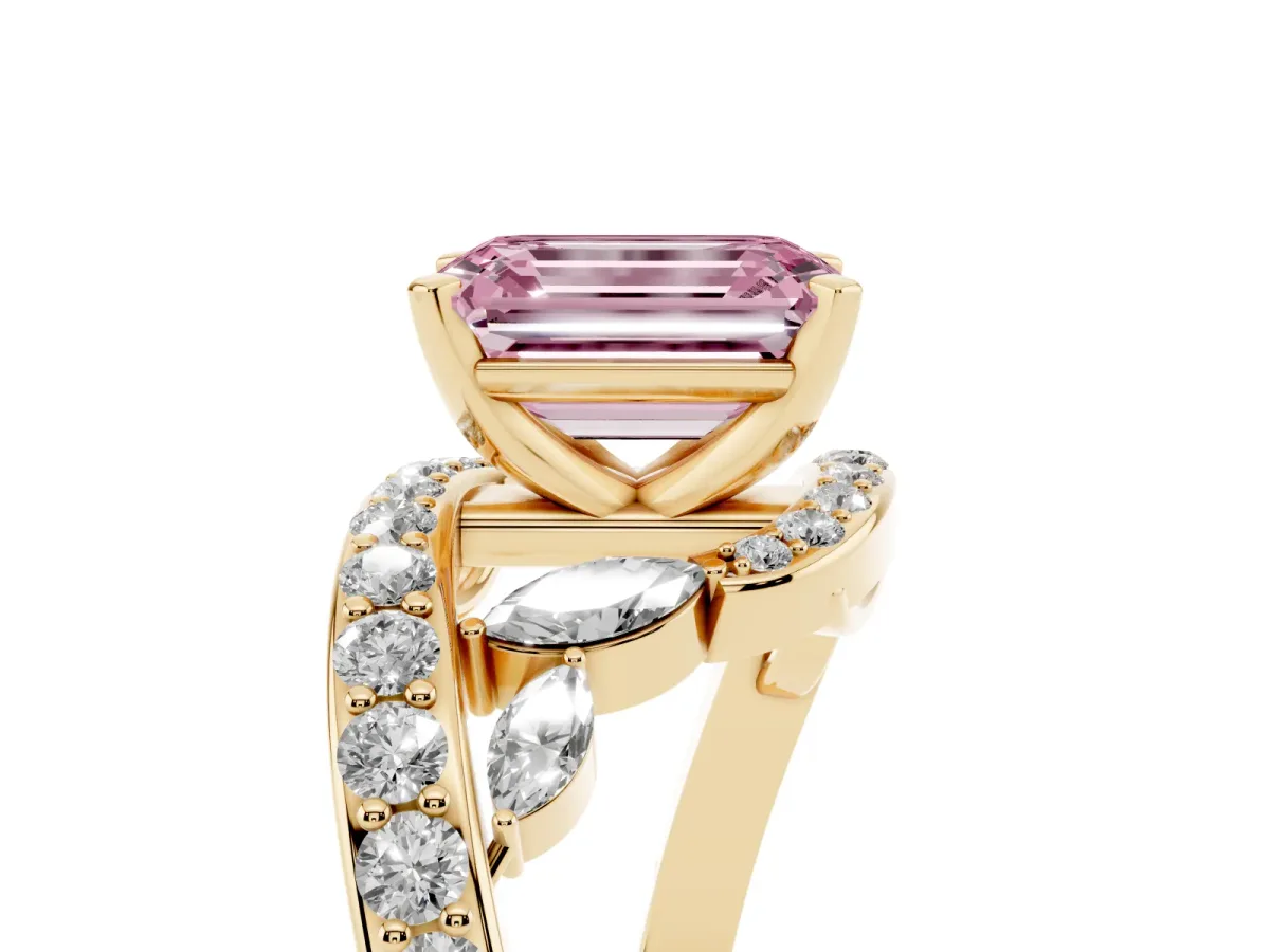 Fancy Pink Emerald Cut Solitaire with Pavé Twist Band and Four-Prong Setting Yellow gold