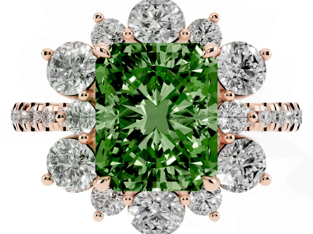 Fancy Green Radiant Cut Diamond Floral Halo Ring with Round Pavé Band and Prong Setting Rose gold