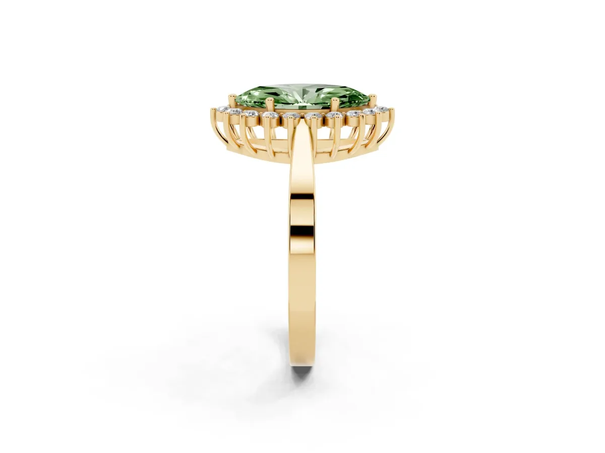 Fancy Green Marquise Cut Cut Diamond Halo Ring with Round Brilliant Halo and Solitaire Band Yellow gold