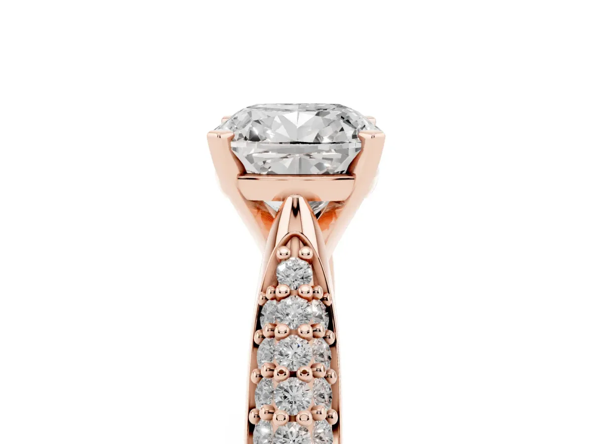 Cushion Cut Diamond Solitaire Engagement Ring with Multi-Row Round Pavé Band and Prong Setting Rose gold
