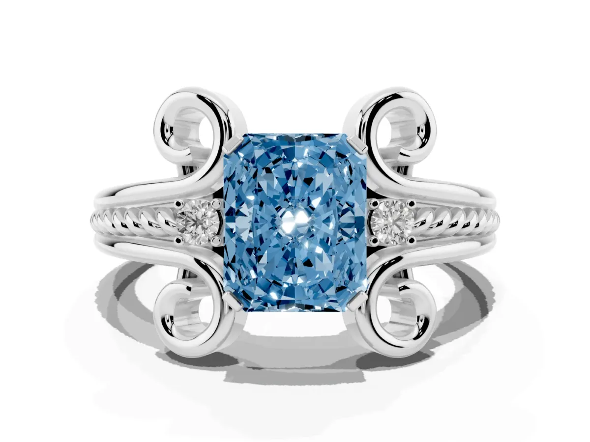 Fancy Blue Radiant Cut Solitaire Twisted Band Scroll Prong Ring Platinum