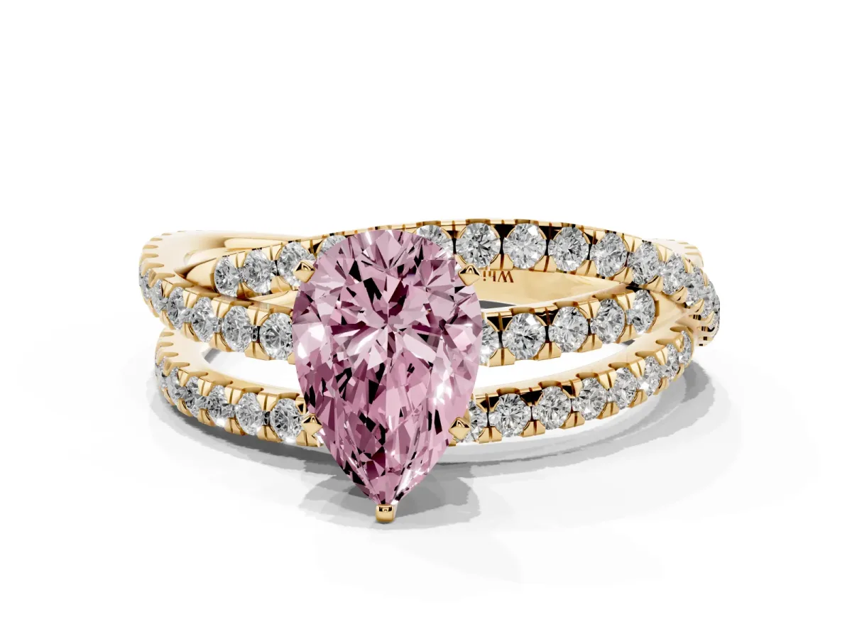 Fancy Pink Pear Cut Solitaire Twist Band with Pavé Setting and Four-Prong Setting Yellow gold