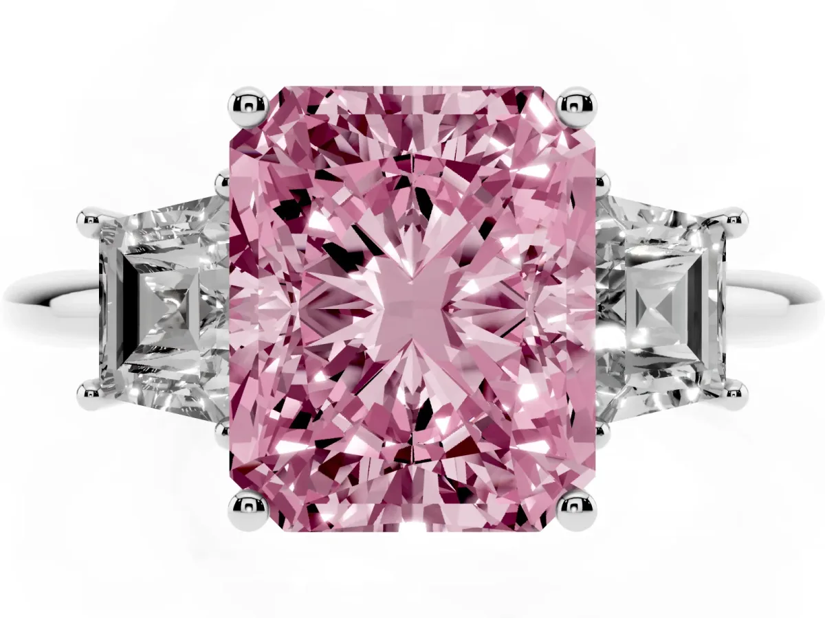 Fancy Pink Radiant Cut Diamond Three-Stone Ring with Trapezoid Side Stones and Prong Setting Silver