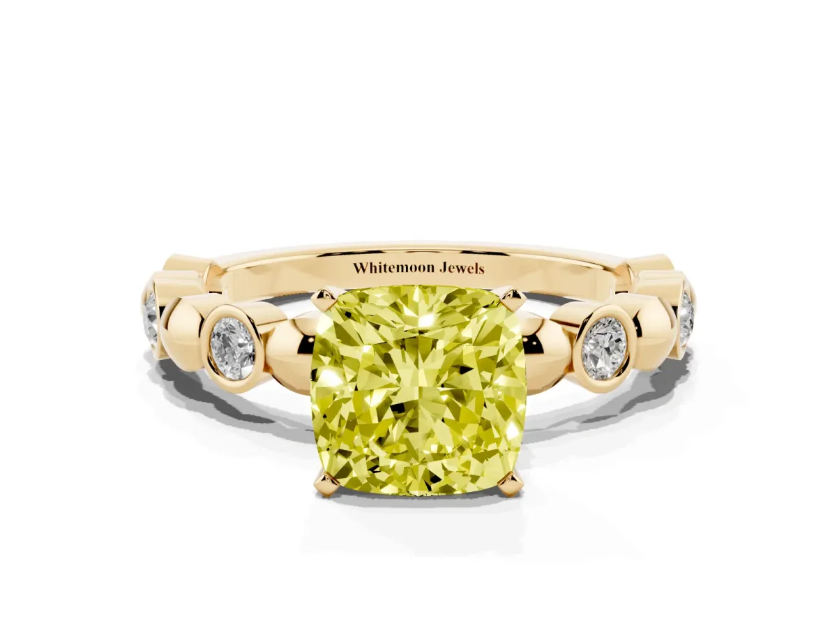 Fancy Yellow Cushion Cut Solitaire Bezel-Set Diamond Ring with Beaded Band and Four-Prong Setting Yellow gold